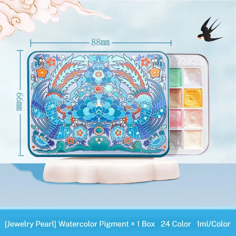 Pearlescent Metallic Watercolour Paint Set – 24 Solid Colours in Portable Hand-Packaged Palette for Students & DIY Art Projects