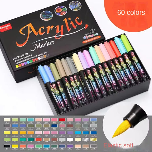 12/60 Color Acrylic Markers Brush Pens for Fabric Rock Painting Pen Stone Ceramic Glass Canvas Wood DIY Card Making Art Supplies