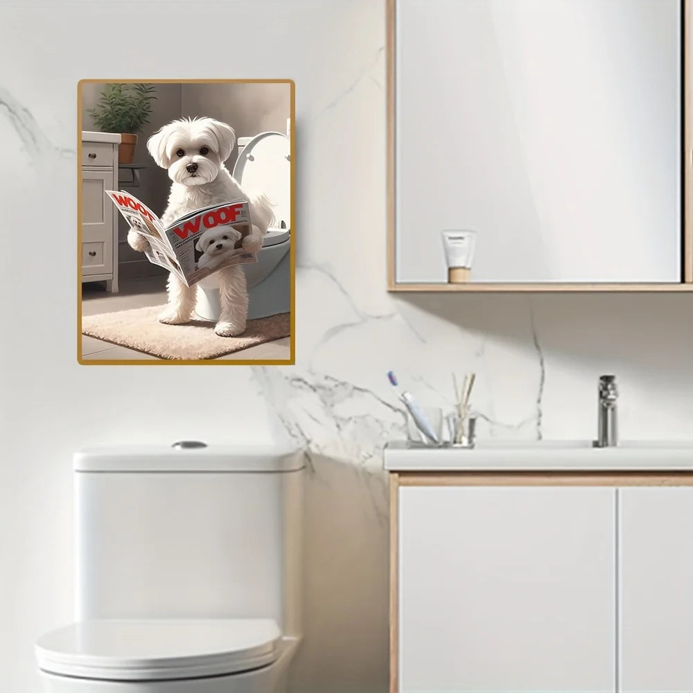 Maltese Dog Bathroom Humor Canvas Decor Modern Home Decor, Whimsical Animal Poster for Bedroom, Kitchen, Living Room, Wall Decor