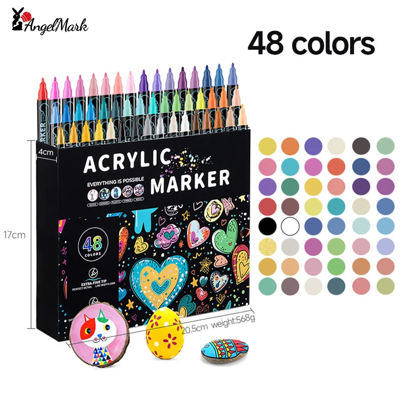 AngelMark Double-Headed Acrylic Marker Pens – Waterproof Art & School Supplies for Drawing, Graffiti & Crafts (12–72 Colours)