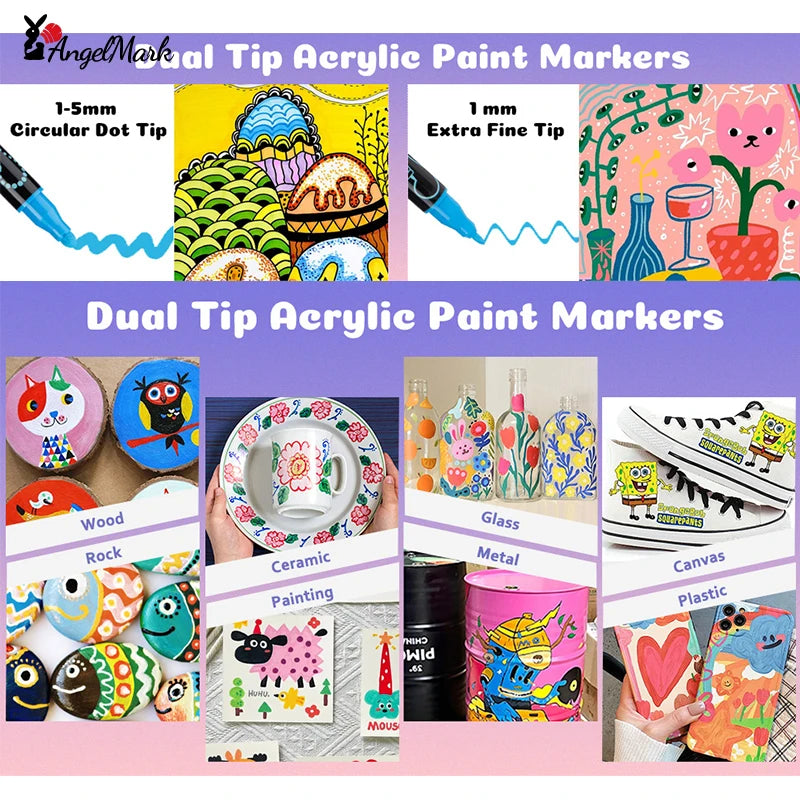 AngelMark Double-Headed Acrylic Marker Pens – Waterproof Art & School Supplies for Drawing, Graffiti & Crafts (12–72 Colours)