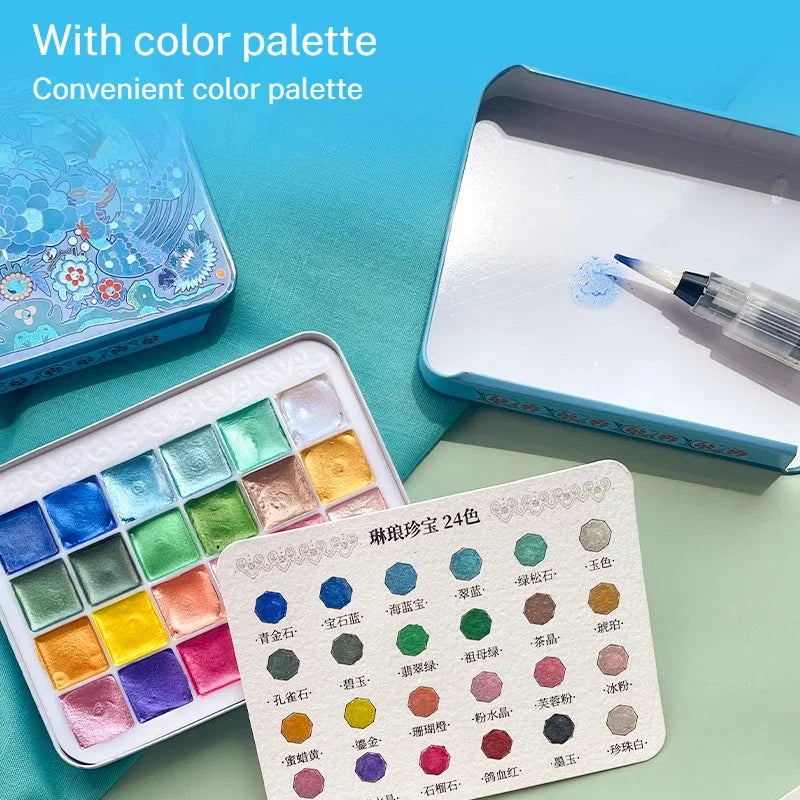 Pearlescent Metallic Watercolour Paint Set – 24 Solid Colours in Portable Hand-Packaged Palette for Students & DIY Art Projects
