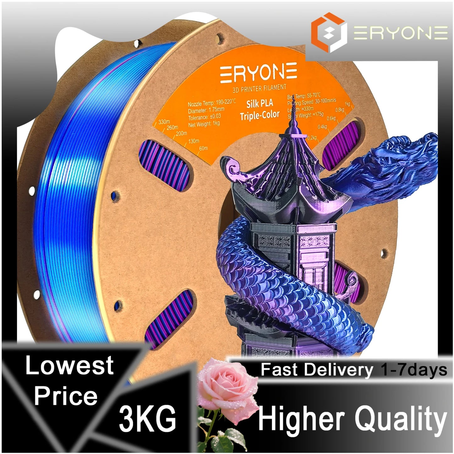 ERYONE 1/3/5KG Triple Colour Silk PLA Premium Filament 3D Print Big Sale,Multicolour Available,1kg silk pla triple colour filament