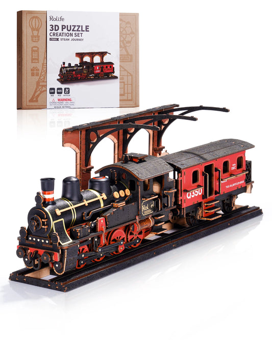 Robotime Rolife Steam Journey 3D Wooden Puzzle – Pre-Coloured Train Model Kit, Easy Assembly Toy & Gift for Adults & Kids (TGS01)
