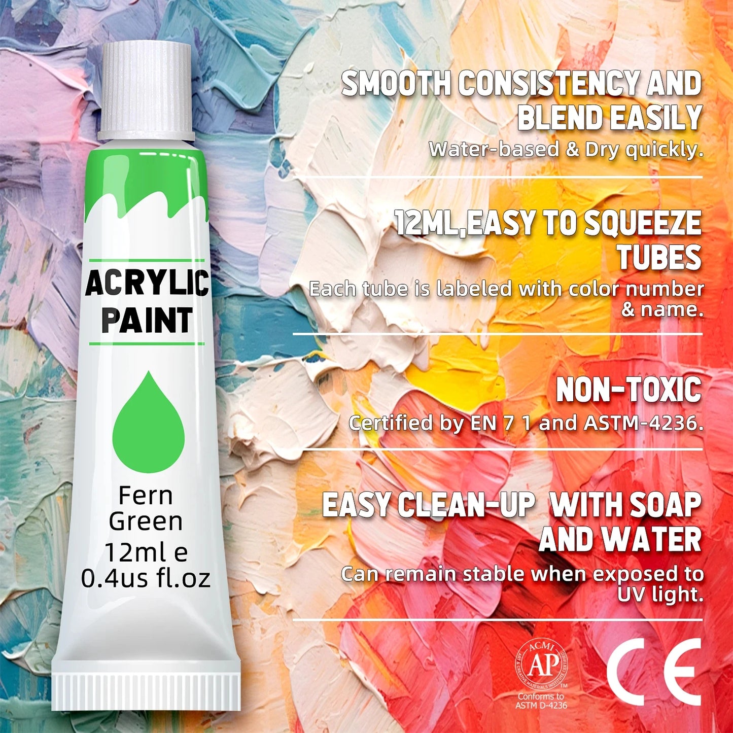 Acrylic Paints Set - 12/24 Colours 12ml Art Painting Kit Supplies for Wood, Canvas, Fabric, Rock, Glass - Non-Toxic Acrylic Paint