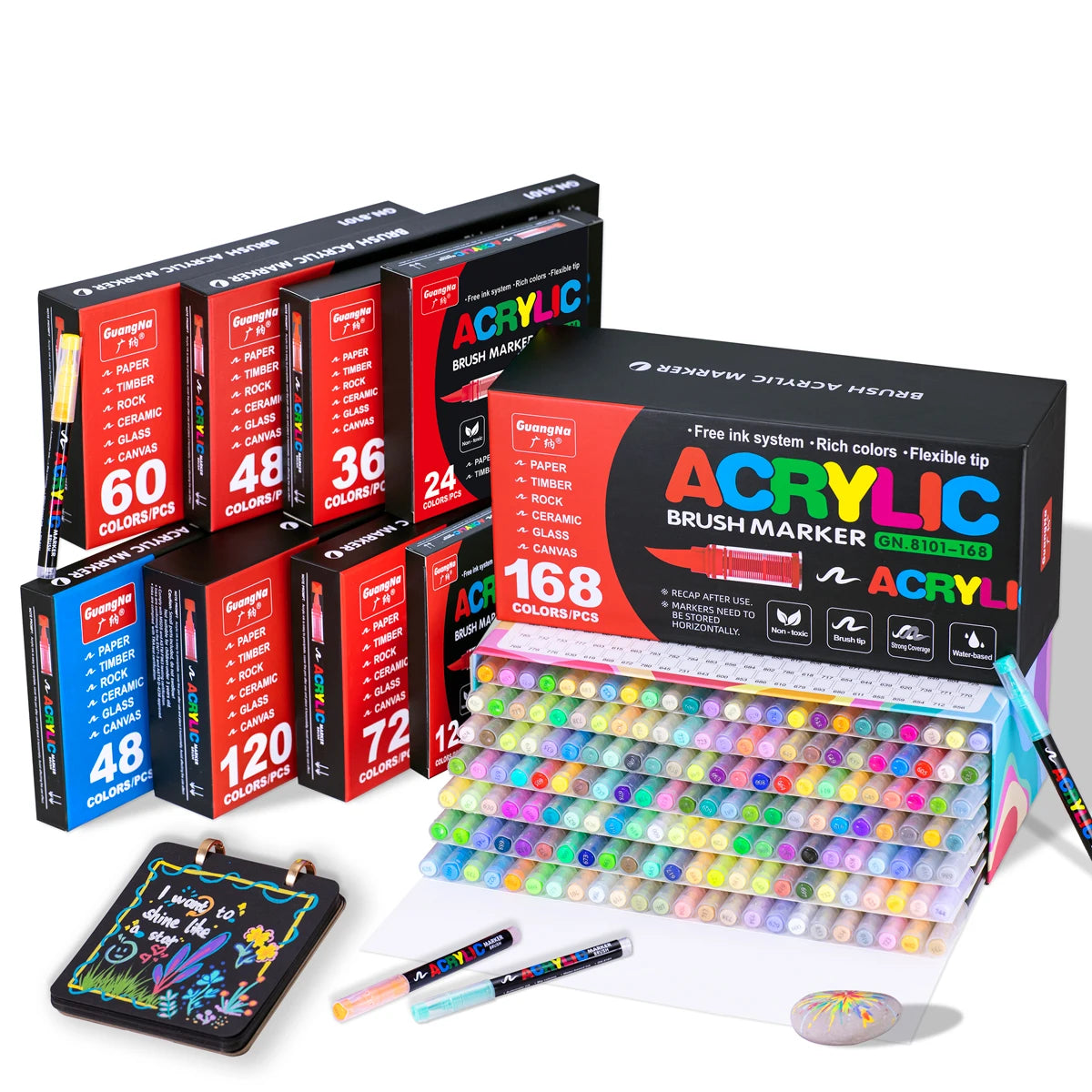 Acrylic Paint Markers Brush Tip 12/24/36/72 Colours Direct Ink Waterproof Flexible Tip Art Pens for Rock Painting Wood Fabric Egg