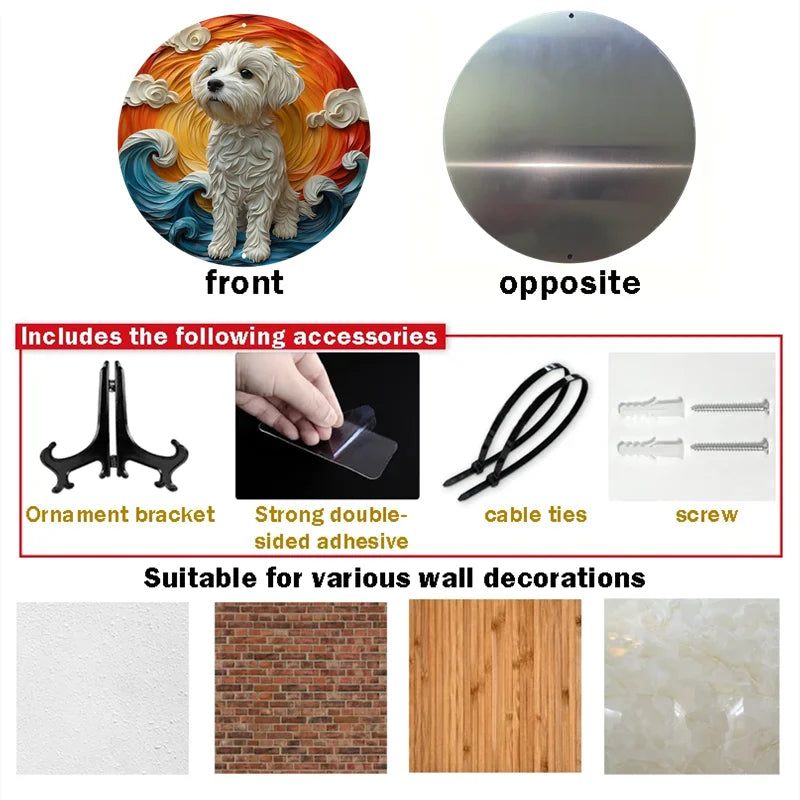 Aluminum Maltese Dog Art Sign, Circular Pet Design Wall Decor, Pre-drilled Holes, Weather Resistant Metal Decoration for Home