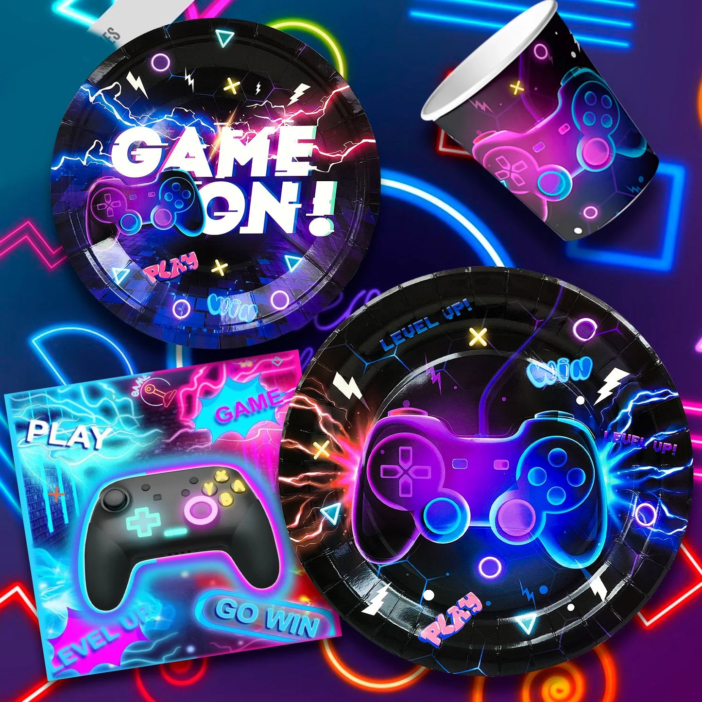 Video Game Birthday Decorations Tableware,113Pcs Game On Birthday Party Tableware Set-Video Game Birthday Plates Napkins Cups