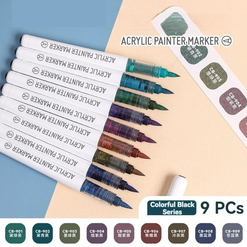 9pcs/Box Mix Colour Acrylic Markers Set Art Rock Painting Pens Kids Gift Graffiti For Stone Glass Book Shoes DIY Craft Supplies