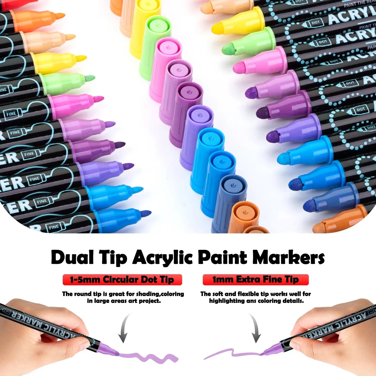 AngelMark Double-Headed Acrylic Marker Pens – Waterproof Art & School Supplies for Drawing, Graffiti & Crafts (12–72 Colours)