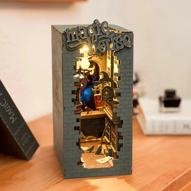 Robotime Rolife Book Nook Kit – DIY Miniature Dollhouse Bookend with LED Light, 4 Designs for Bookshelf Insert & Home Decor