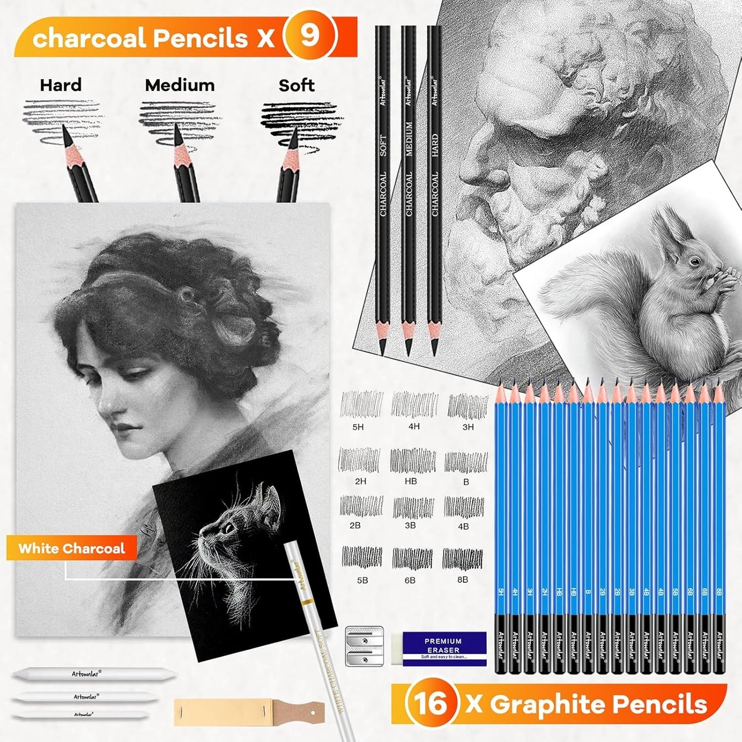 74 Art Set Drawing Supplies - Pro Sketching Kit for Artists Adults , Charcoal, Watercolour, Metallic Coloured Pencils in Gift Case