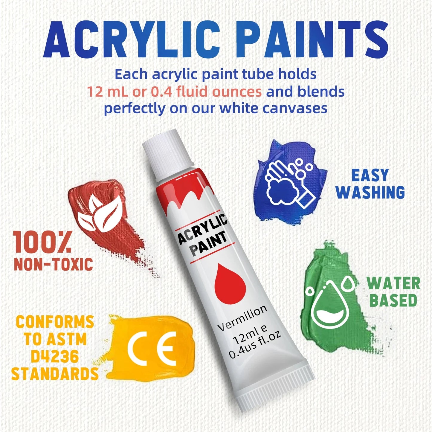 Acrylic Paints Set - 12/24 Colours 12ml Art Painting Kit Supplies for Wood, Canvas, Fabric, Rock, Glass - Non-Toxic Acrylic Paint