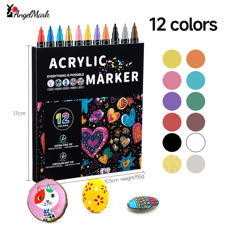 AngelMark Double-Headed Acrylic Marker Pens – Waterproof Art & School Supplies for Drawing, Graffiti & Crafts (12–72 Colours)
