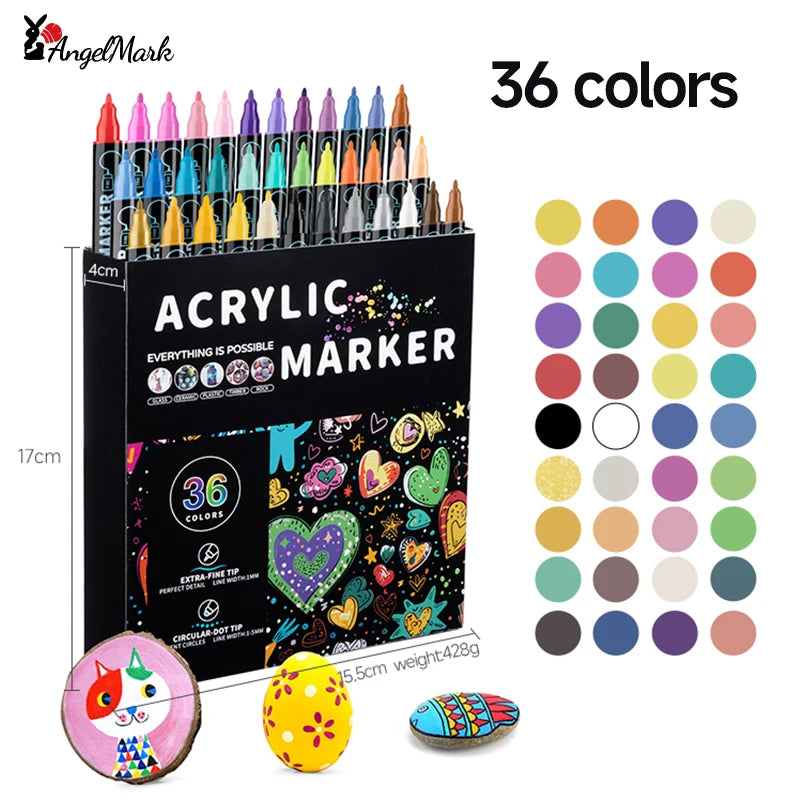 AngelMark Double-Headed Acrylic Marker Pens – Waterproof Art & School Supplies for Drawing, Graffiti & Crafts (12–72 Colours)