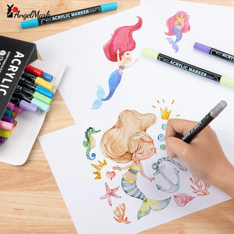 AngelMark Double-Headed Acrylic Marker Pens – Waterproof Art & School Supplies for Drawing, Graffiti & Crafts (12–72 Colours)
