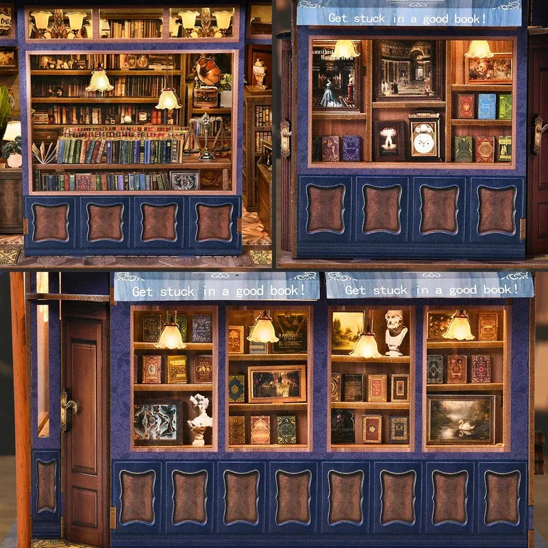 DIY Book Nook Kit Notting Hill Bookstore Wooden Bookshop Dollhouse with Light Bookshelf Insert 3D Puzzle Decor for Gift