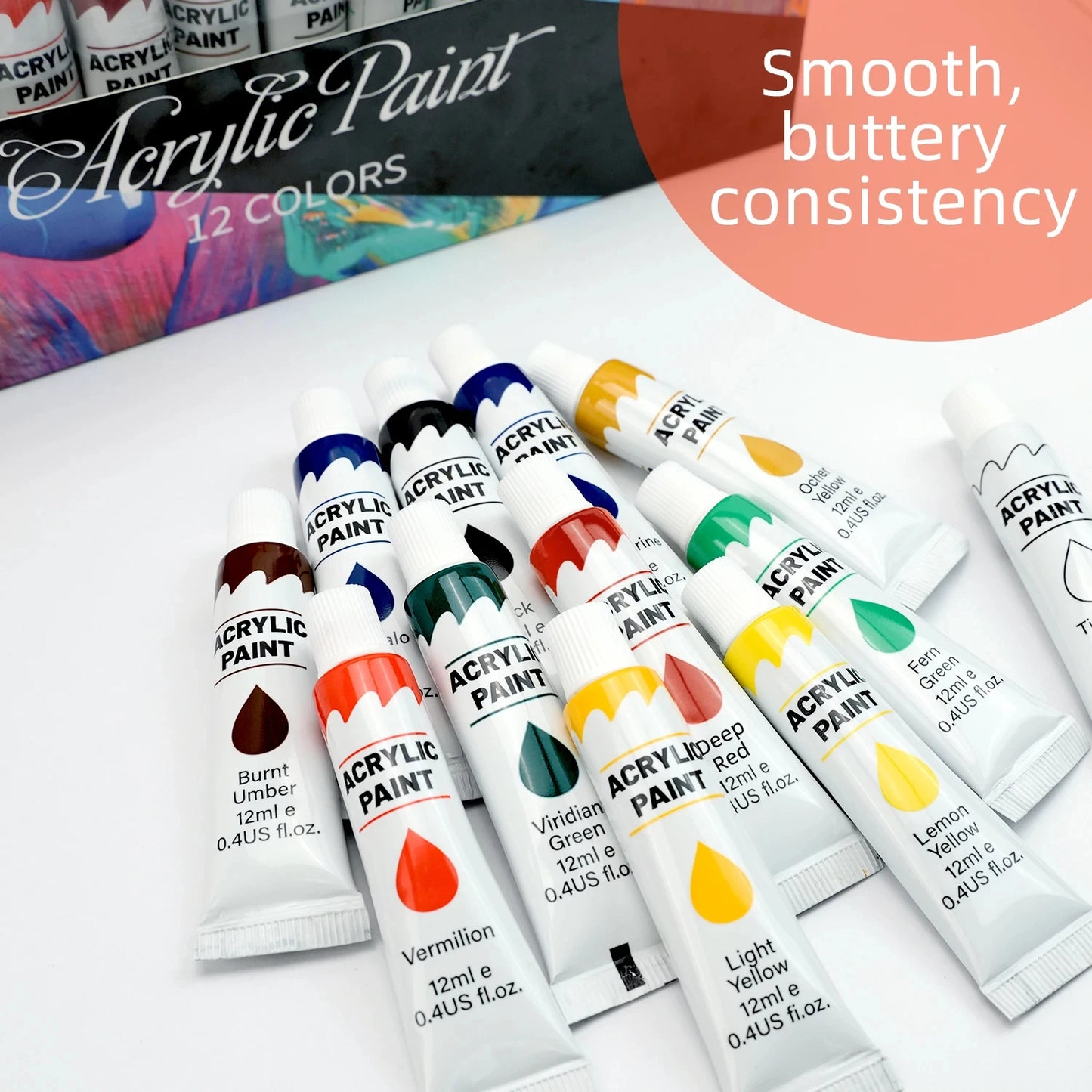 Acrylic Paints Set - 12/24 Colours 12ml Art Painting Kit Supplies for Wood, Canvas, Fabric, Rock, Glass - Non-Toxic Acrylic Paint