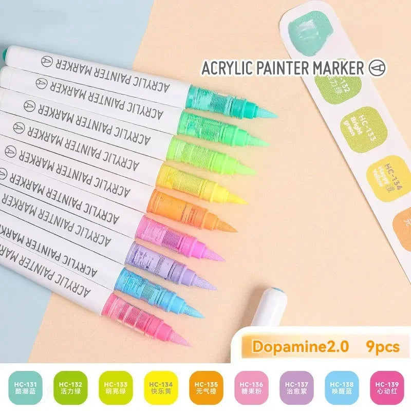 9pcs/Box Mix Colour Acrylic Markers Set Art Rock Painting Pens Kids Gift Graffiti For Stone Glass Book Shoes DIY Craft Supplies