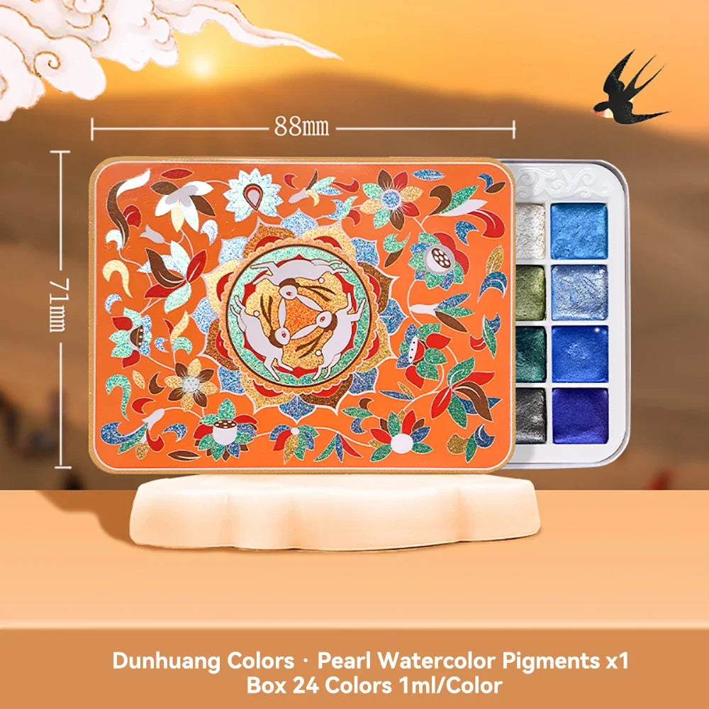 Pearlescent Metallic Watercolour Paint Set – 24 Solid Colours in Portable Hand-Packaged Palette for Students & DIY Art Projects