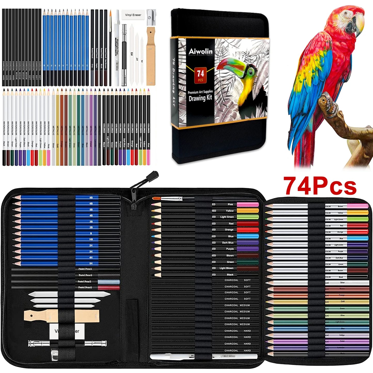 74 Art Set Drawing Supplies - Pro Sketching Kit for Artists Adults , Charcoal, Watercolour, Metallic Coloured Pencils in Gift Case
