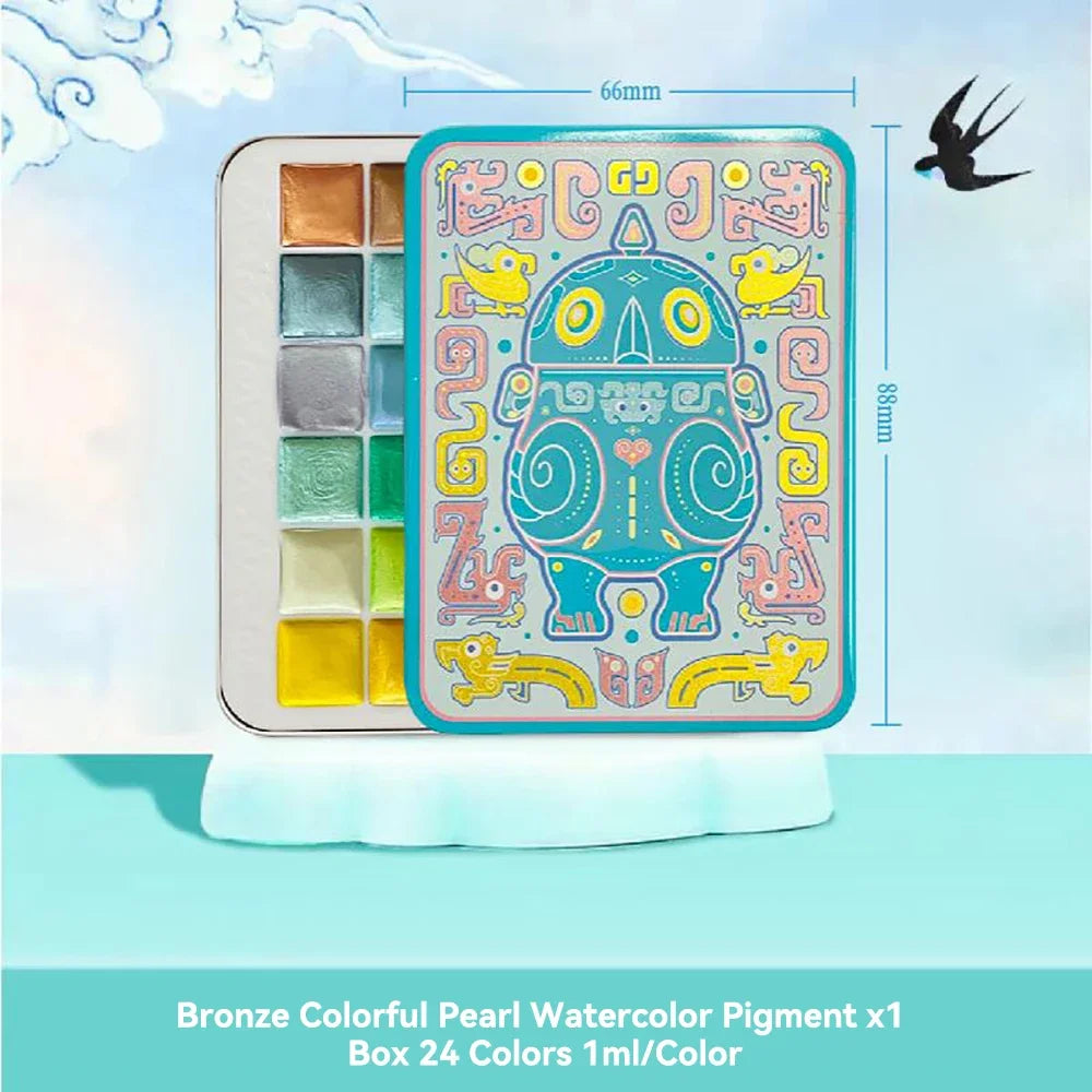 Pearlescent Metallic Watercolour Paint Set – 24 Solid Colours in Portable Hand-Packaged Palette for Students & DIY Art Projects