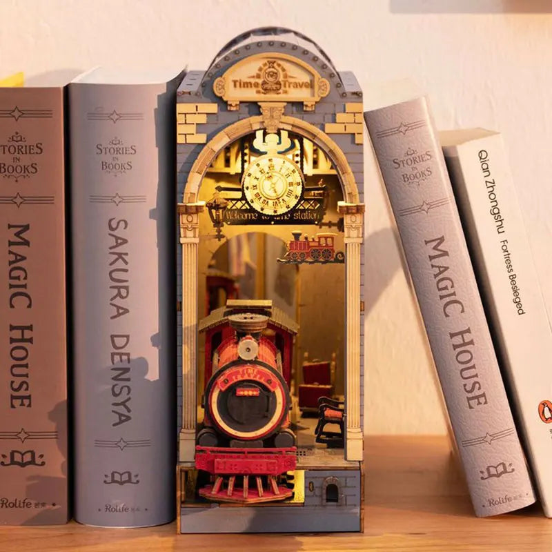 Robotime Rolife Book Nook Kit – DIY Miniature Dollhouse Bookend with LED Light, 4 Designs for Bookshelf Insert & Home Decor