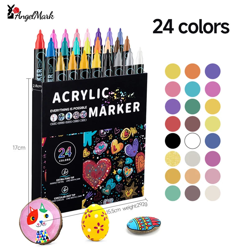 AngelMark Double-Headed Acrylic Marker Pens – Waterproof Art & School Supplies for Drawing, Graffiti & Crafts (12–72 Colours)