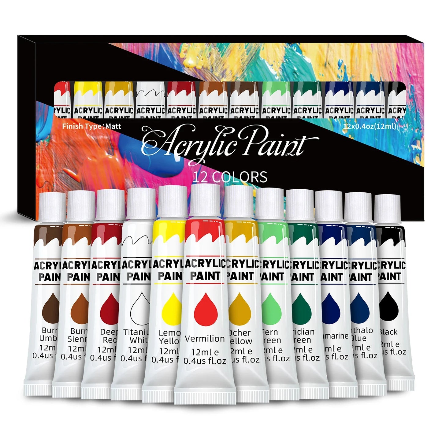 Acrylic Paints Set - 12/24 Colours 12ml Art Painting Kit Supplies for Wood, Canvas, Fabric, Rock, Glass - Non-Toxic Acrylic Paint
