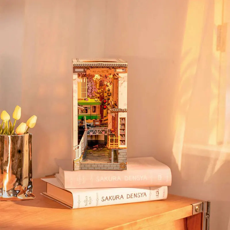 Robotime Rolife Book Nook Kit – DIY Miniature Dollhouse Bookend with LED Light, 4 Designs for Bookshelf Insert & Home Decor