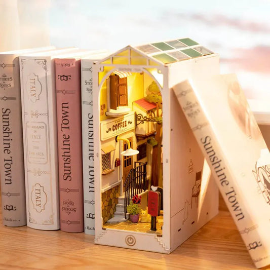 Robotime Rolife Book Nook Kit – DIY Miniature Dollhouse Bookend with LED Light, 4 Designs for Bookshelf Insert & Home Decor