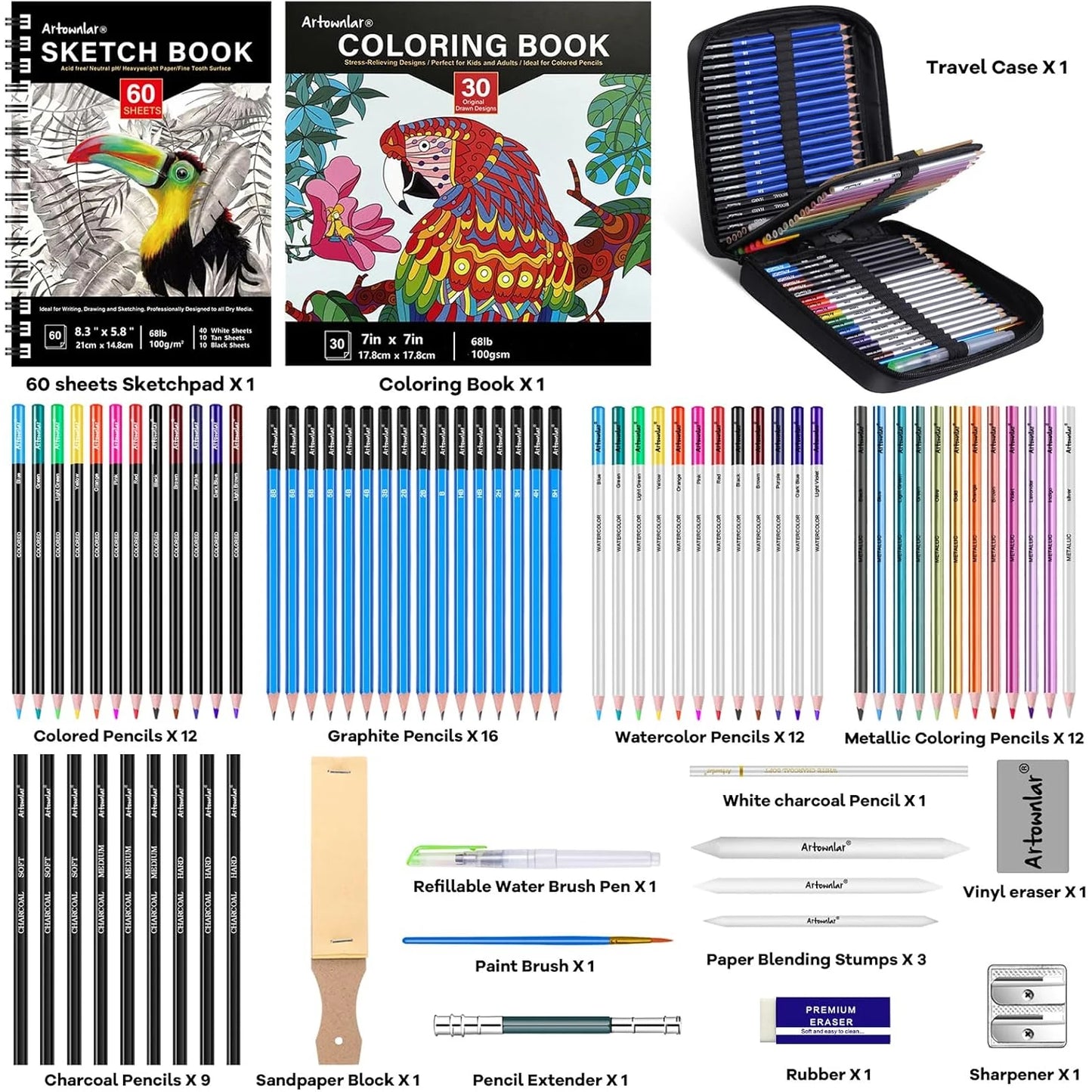 74 Art Set Drawing Supplies - Pro Sketching Kit for Artists Adults , Charcoal, Watercolour, Metallic Coloured Pencils in Gift Case
