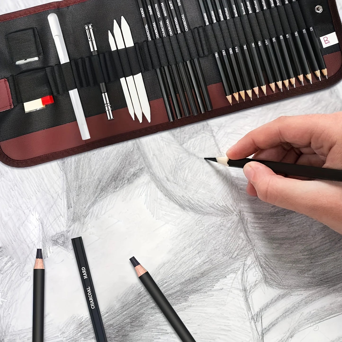 Drawing Pencils Sketch Pencil Professional Sketching Art Graphite Charcoal Blending Stump Pencils kit (29 art supplies)