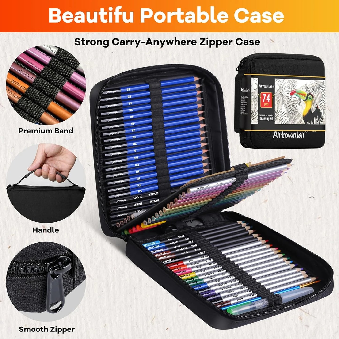 74 Art Set Drawing Supplies - Pro Sketching Kit for Artists Adults , Charcoal, Watercolour, Metallic Coloured Pencils in Gift Case