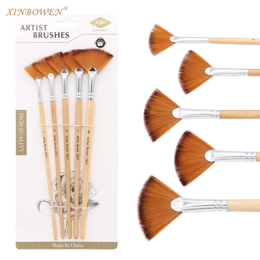 5Pcs Fan shaped Nylon Hair Gouache Watercolor Paint Brush Set for School Painting Drawing Painting Brush Art Supplies