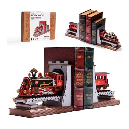 Robotime Rolife Wooden Vintage Train kit 3D Puzzles DIY Book Nook Kit Decorative Bookends 6.5" for Adults Gifts for Boys Girls