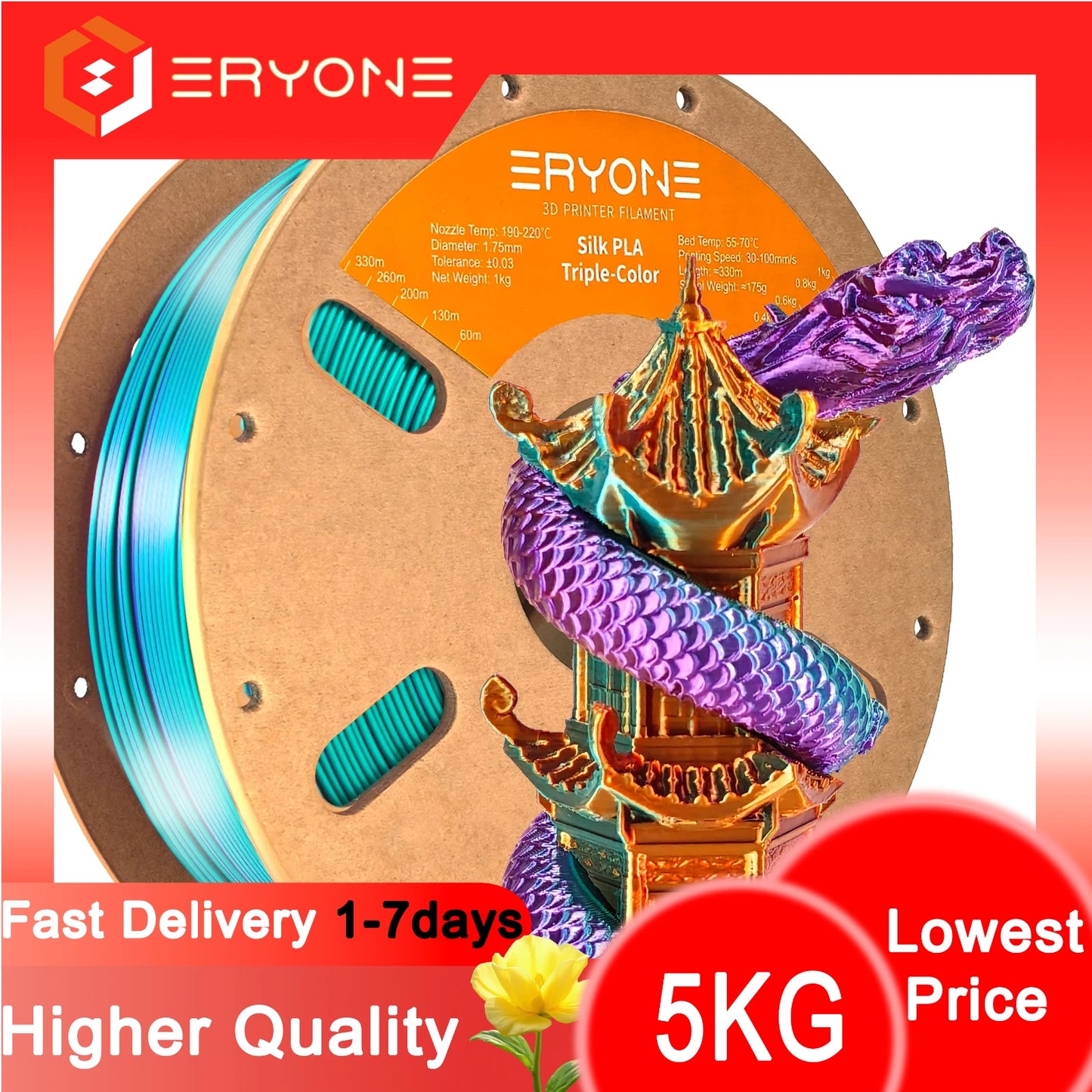ERYONE 1/3/5KG Triple Colour Silk PLA Premium Filament 3D Print Big Sale,Multicolour Available,1kg silk pla triple colour filament