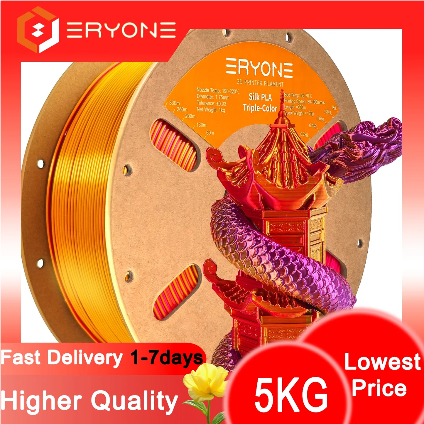 ERYONE 1/3/5KG Triple Colour Silk PLA Premium Filament 3D Print Big Sale,Multicolour Available,1kg silk pla triple colour filament
