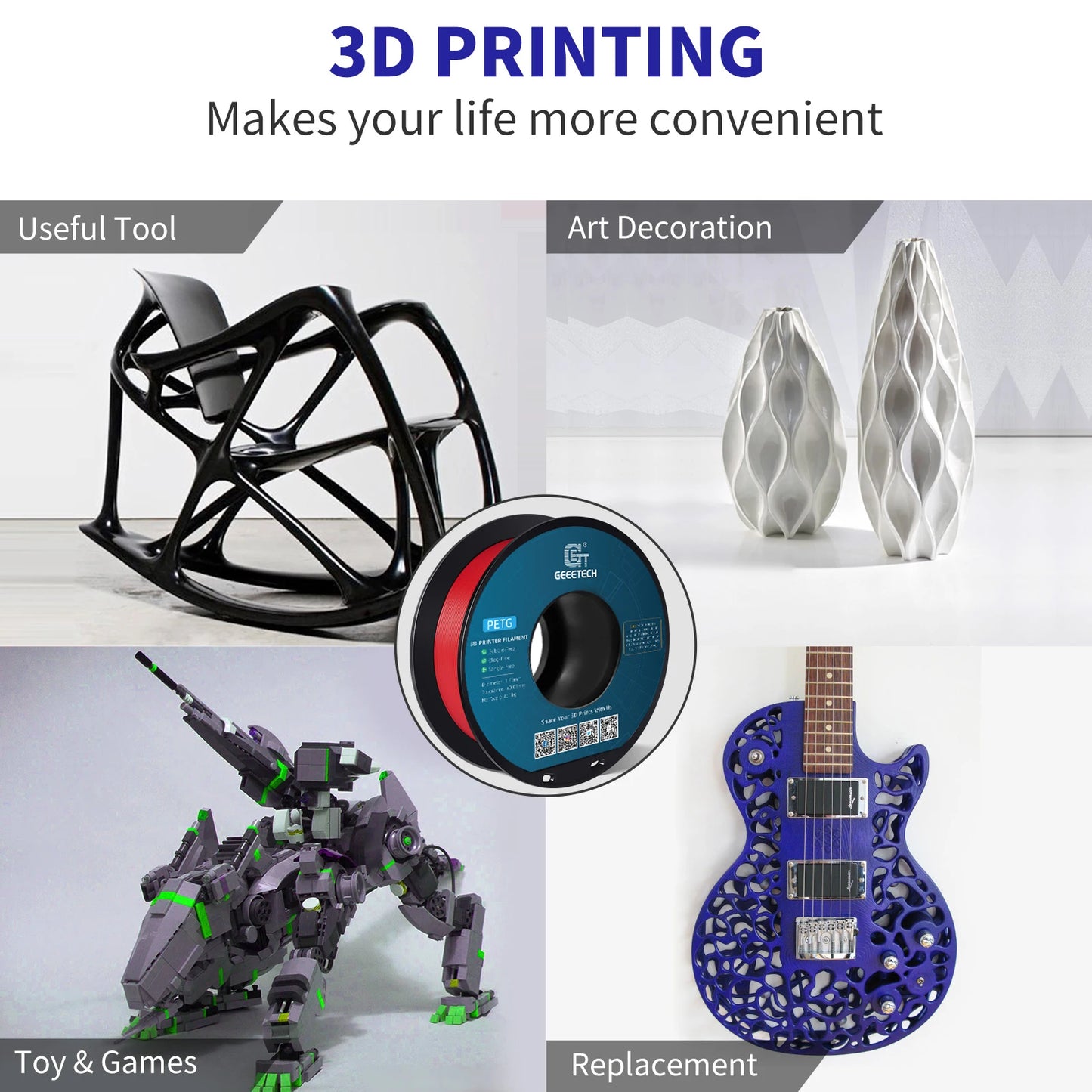 GEEETECH PETG Filament 1KG 1.75mm ±0.03mm For 3D Printer,1KG (2.2LBS) 3D Printing Fast Shipping,Vacuum packing, Tangle-Free