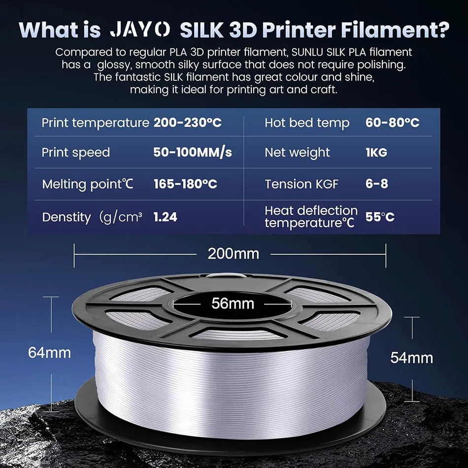 JAYO SILK PLA + Filament 1.75mm SILK PLA Plus Filament 1.1KG Smooth Silky Shiny Surface 3D Filament Fit For FDM Printers