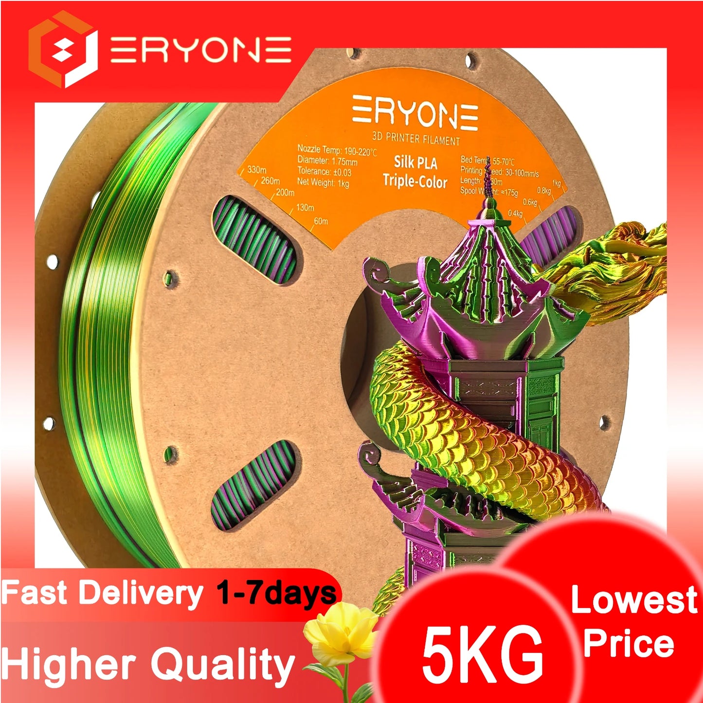 ERYONE 1/3/5KG Triple Colour Silk PLA Premium Filament 3D Print Big Sale,Multicolour Available,1kg silk pla triple colour filament