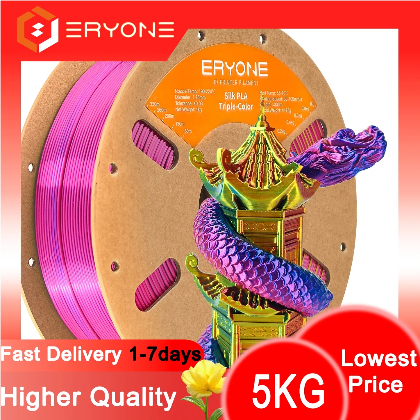 ERYONE 1/3/5KG Triple Colour Silk PLA Premium Filament 3D Print Big Sale,Multicolour Available,1kg silk pla triple colour filament