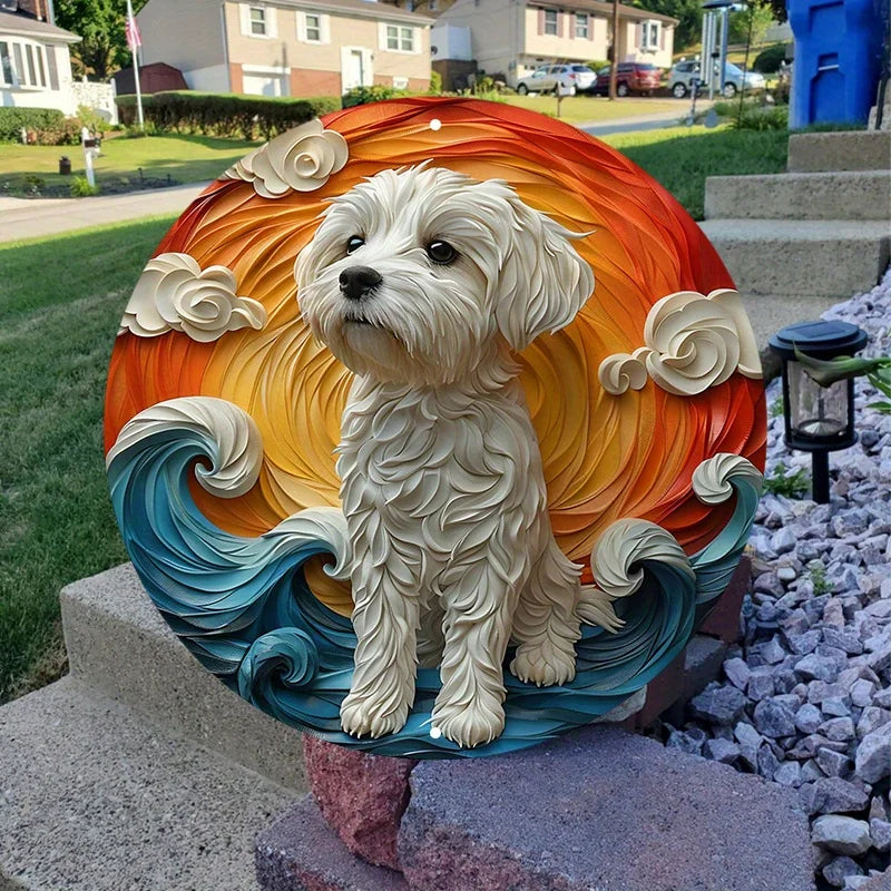 Aluminum Maltese Dog Art Sign, Circular Pet Design Wall Decor, Pre-drilled Holes, Weather Resistant Metal Decoration for Home