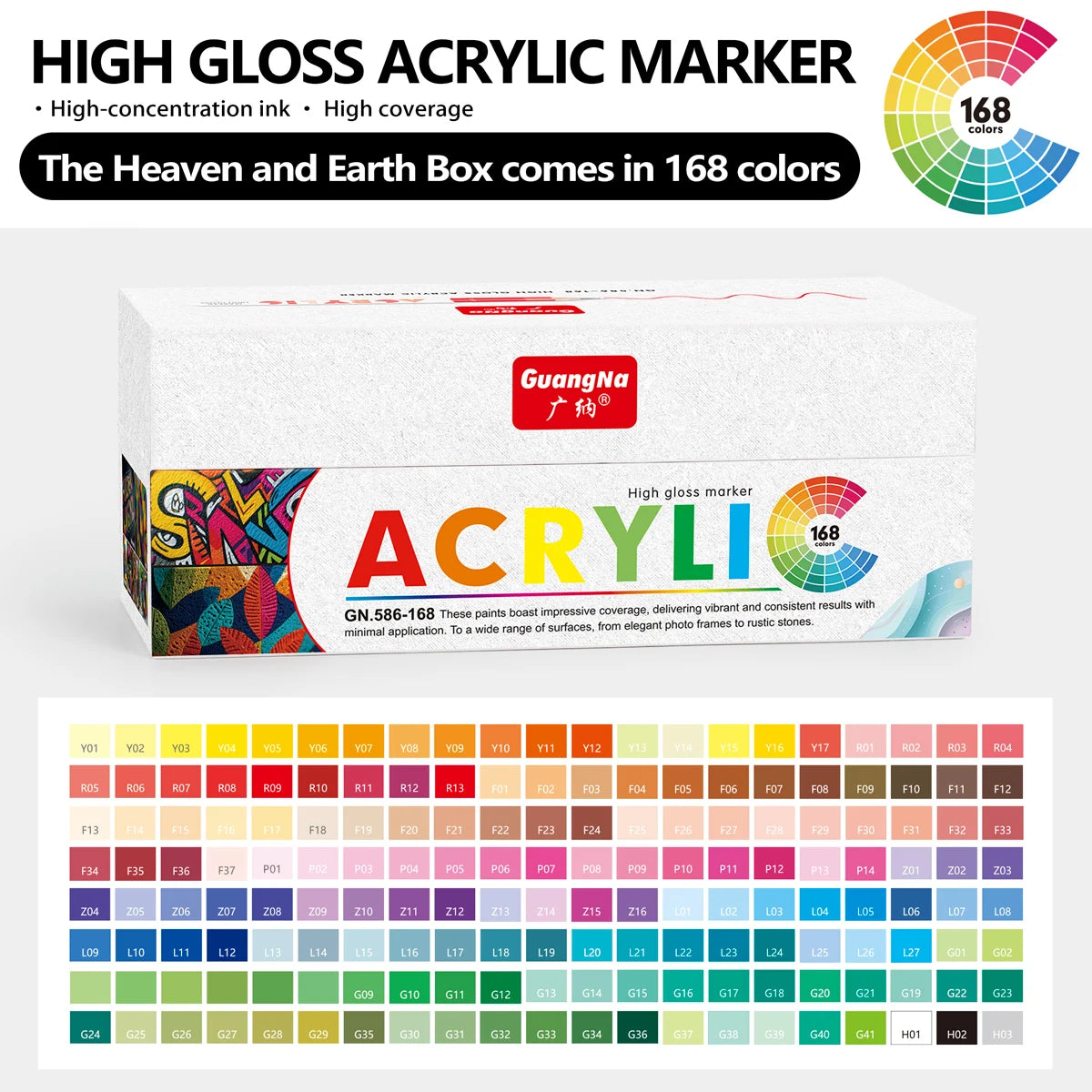 GuangNa 168/12 Colors High Gloss Acrylic Marker Pen Set,Hard Headed Drawing Pens,DIY Graffiti Paint Pen Stationery,GN.586