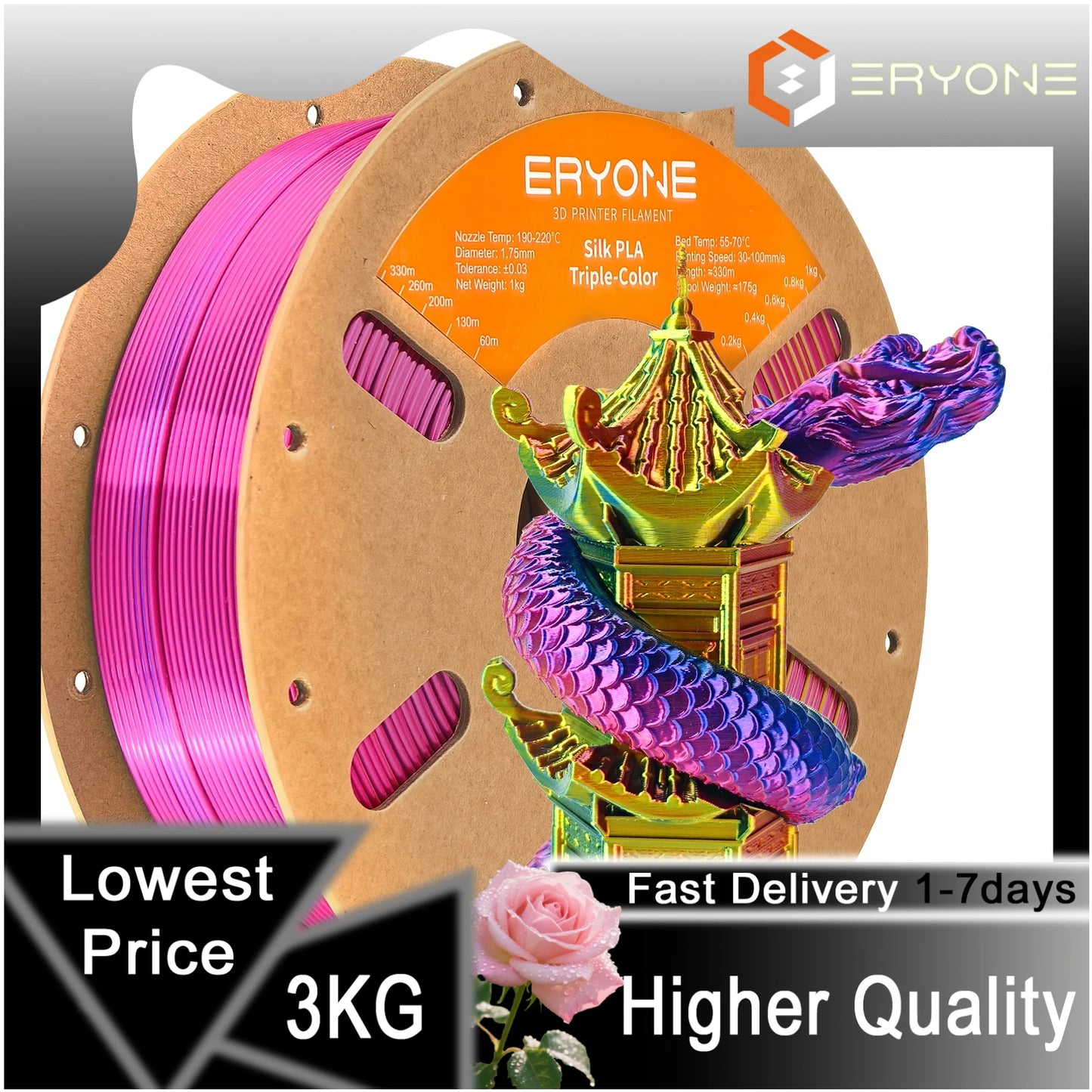 ERYONE 1/3/5KG Triple Colour Silk PLA Premium Filament 3D Print Big Sale,Multicolour Available,1kg silk pla triple colour filament