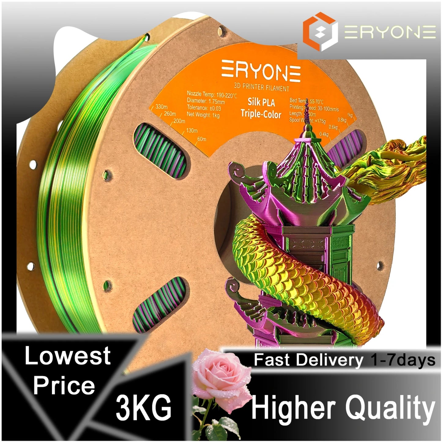 ERYONE 1/3/5KG Triple Colour Silk PLA Premium Filament 3D Print Big Sale,Multicolour Available,1kg silk pla triple colour filament