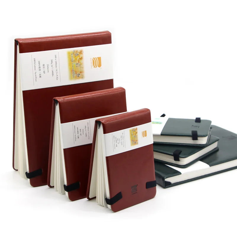 Baohong 24 Sheets Watercolour Travel book Leather Linen-Bound Cotton Paper Sketch Pads 300g Acid Free for On-the-Go Art Drawing