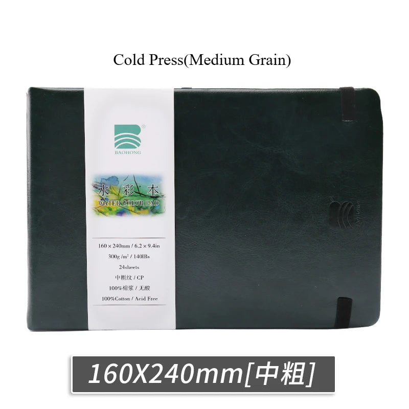 Baohong 24 Sheets Watercolour Travel book Leather Linen-Bound Cotton Paper Sketch Pads 300g Acid Free for On-the-Go Art Drawing