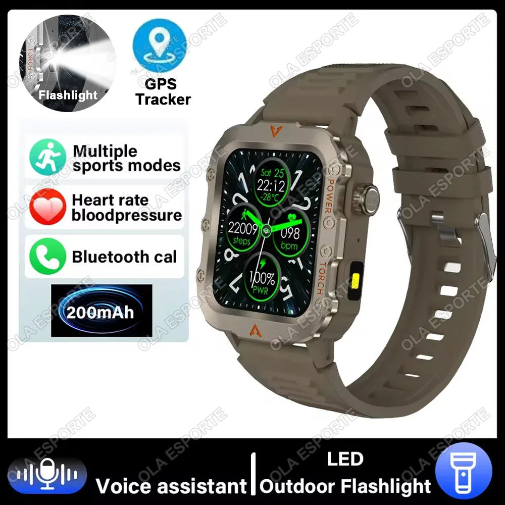 2025 Rugged Military GPS Smart Watch Men's Outdoor Watch 2.01" HD Touch Screen Voice Bluetooth Call Flashlight Smartwatch Men