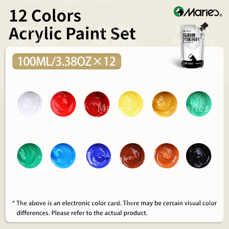 12 Colours Marie's Acrylic Paint Set,100ml/3.38oz,Vibrant Colours,Perfect for Artists,Paints on Rocks,Crafts,Canvas,Wood,Stone